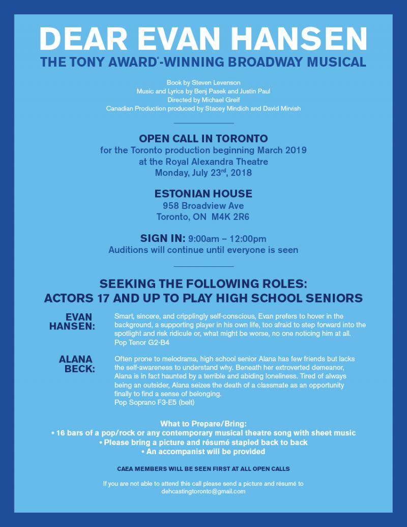 Will You Be Found? DEAR EVAN HANSEN Open Casting Call in Toronto!